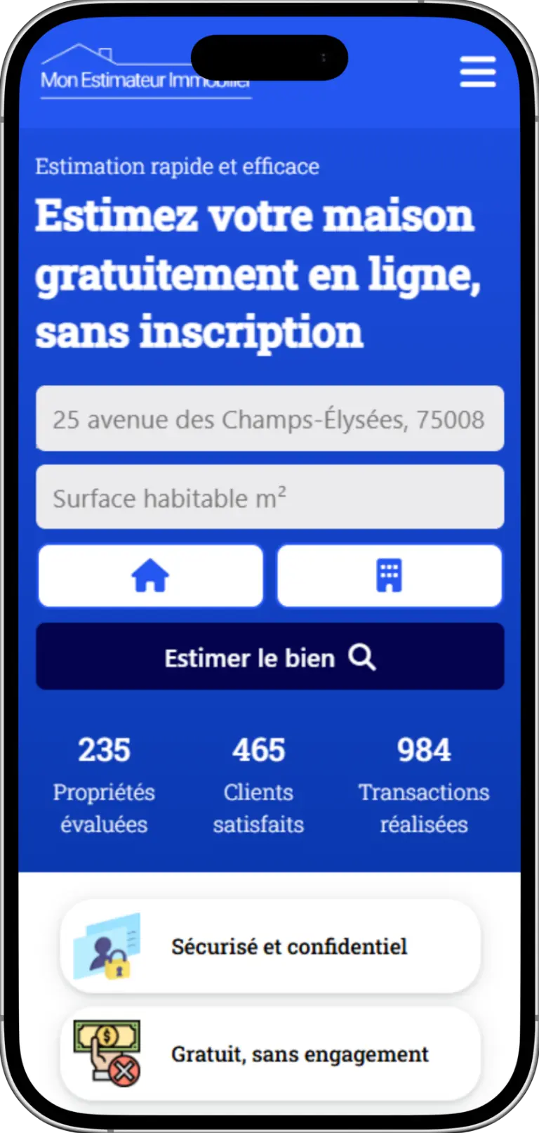 Affichage mobile du site Mon Estimateur Immobilier